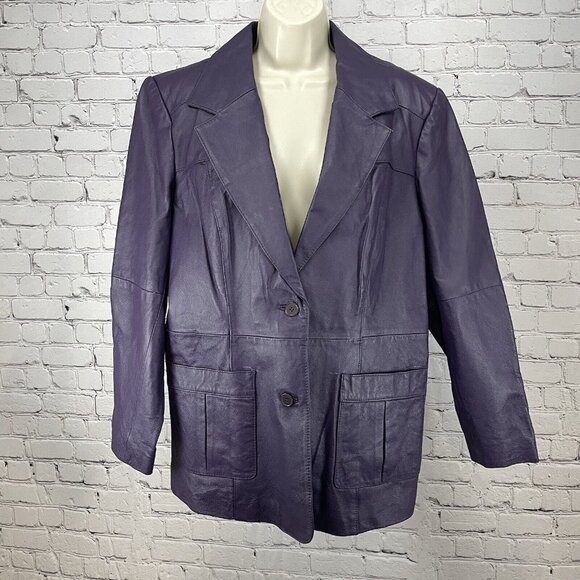 NWD Newport News Purple Leather Coat 2 Button Collar Lined Pockets Plus Size 16W - Picture 1 of 16